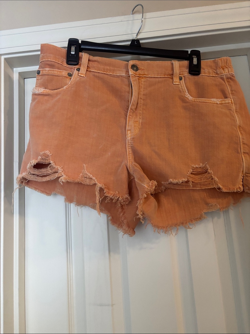 Aerie Frayed Orange Denim Cutoff Shorts elastic waistband in back size large